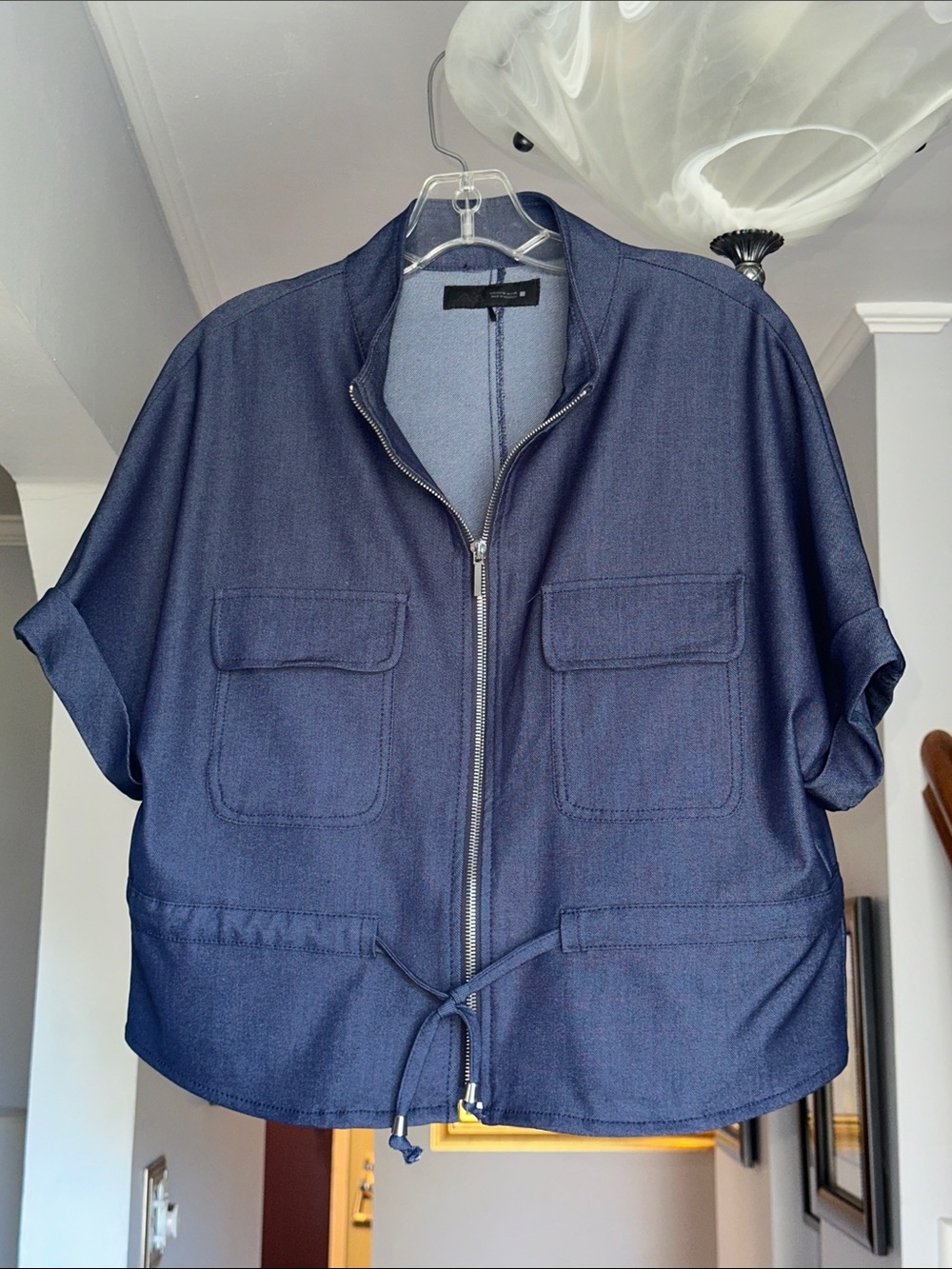 Zara Navy Zip-Front Short Sleeve Utility Jacket Sz M